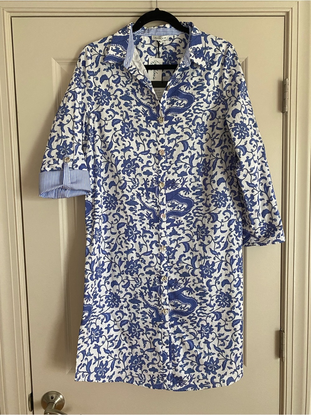 NWT PATTY KIM Blue and White Floral Dragon Print Lulu Duster